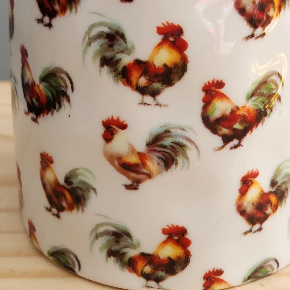 Rooster Patterned Ceramic Mug with Red Handle NWT Cottagecore, Farm, Homestead - Picture 7 of 15